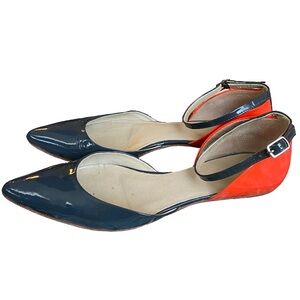 Boden patent leather blue and orange strappy ankle point toe flats size 41